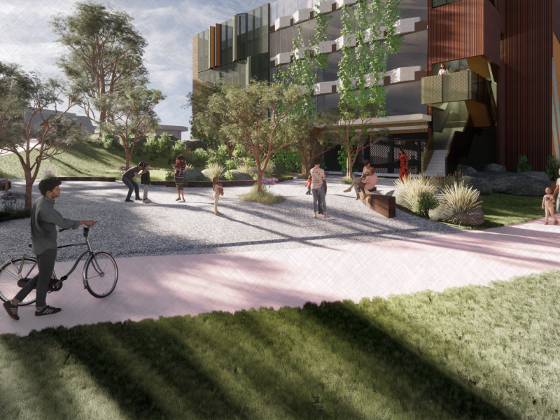 View showing connection betwen open space pathway and building.png