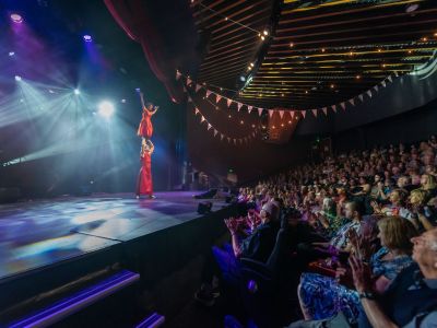 Circus performers on stage in front of a full audience
